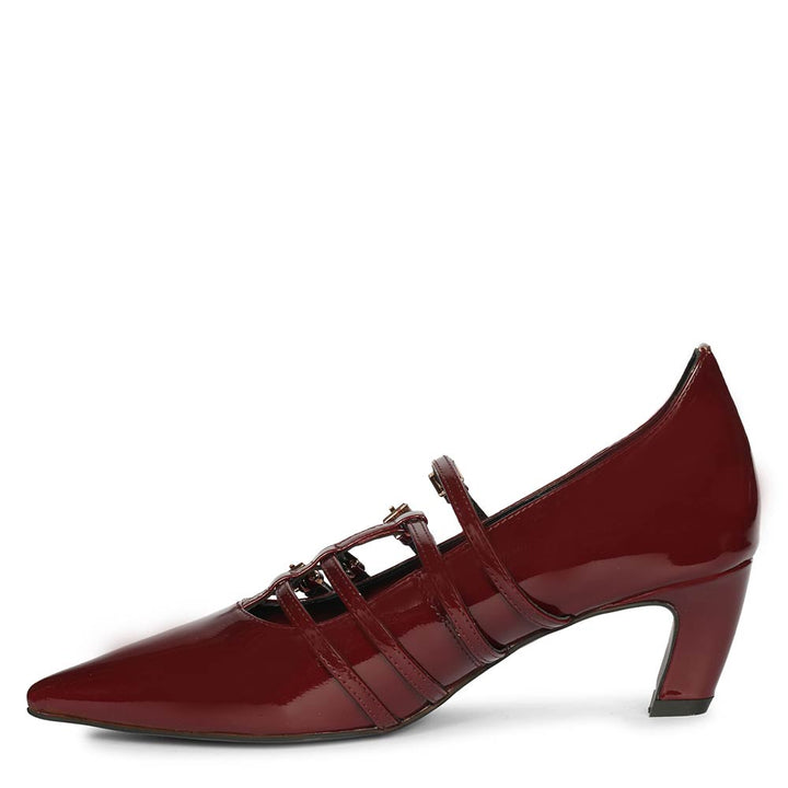Saint Faith Gold Buckle Wine Patent Crinkle Pumps