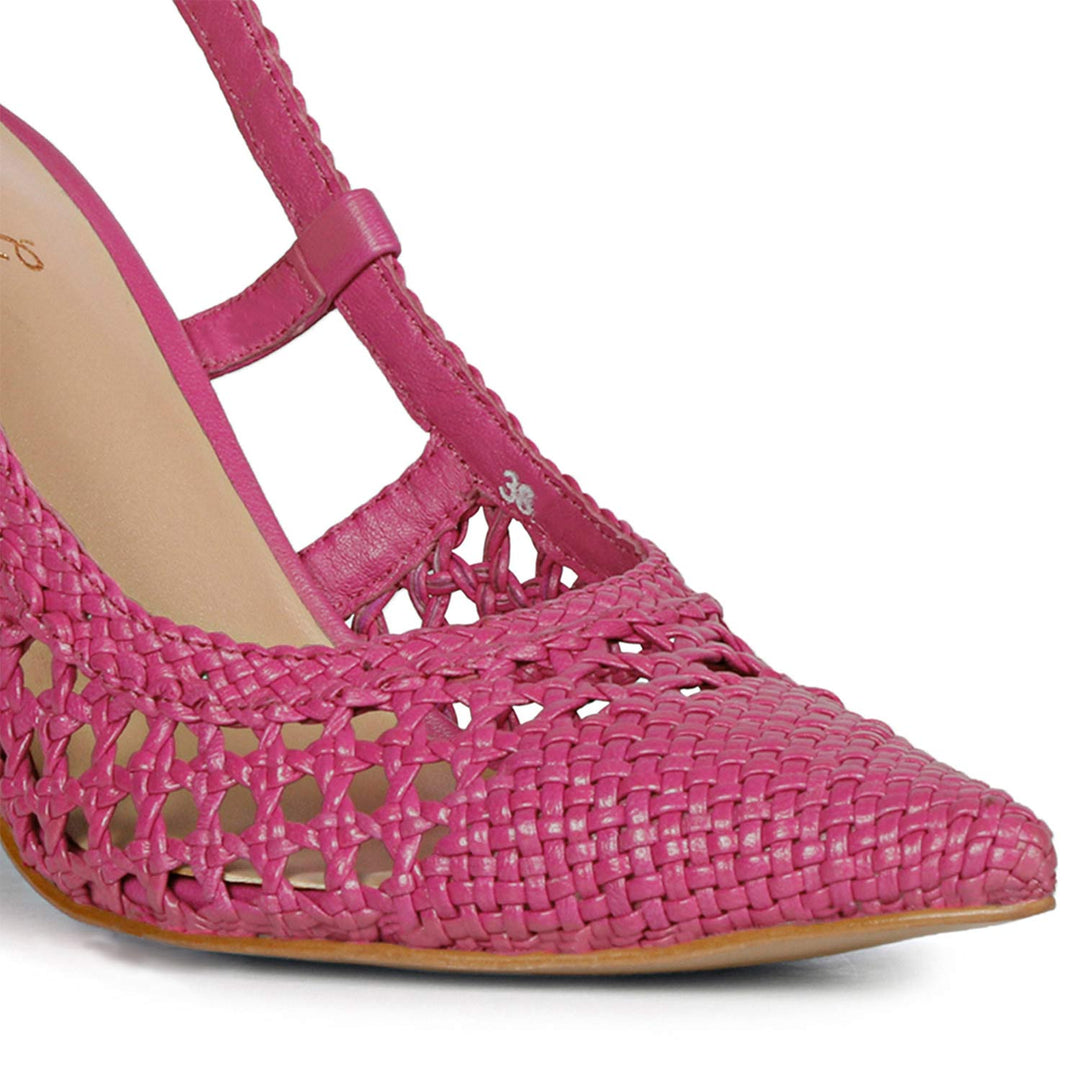 Chic and comfortable! SAINT MALEA's hot pink hand woven leather block heels for a trendy and stylish look