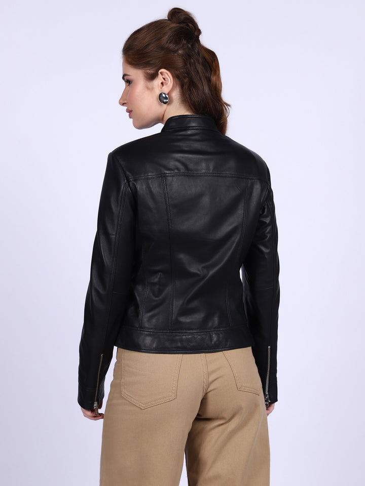 black leather cafe racer jacket women