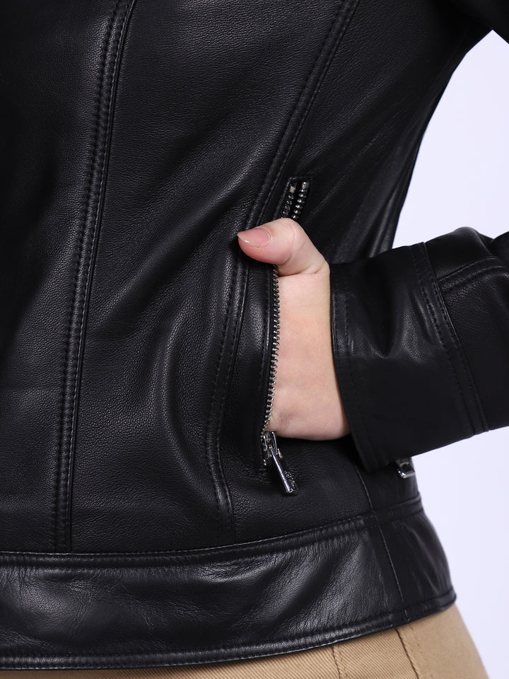 Pocket leather cafe racer jacket women