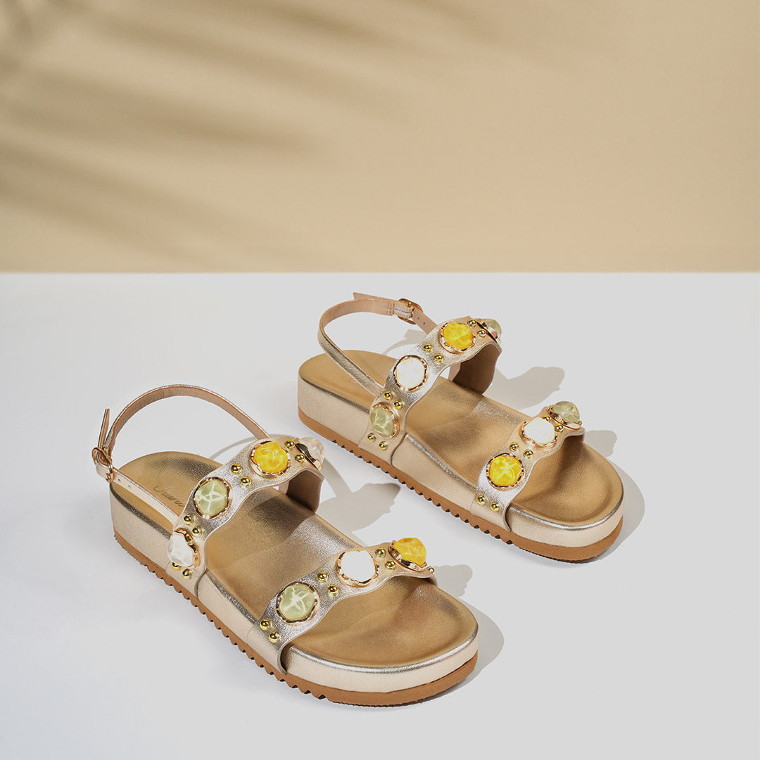 Saint Solira Multi Stone Metallic Gold Leather Footbed Sandals