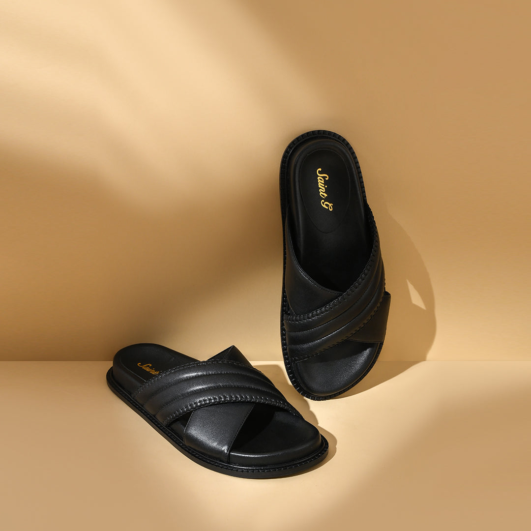 Saint Reya Padded Cross Strap Black Leather Flats