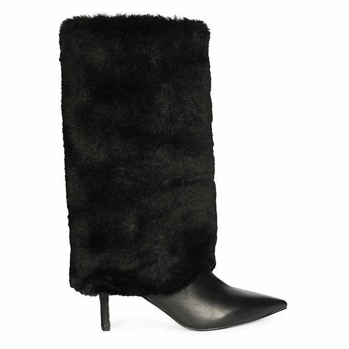 Saint Solveig Fur Cuff Black Leather Calf Boots