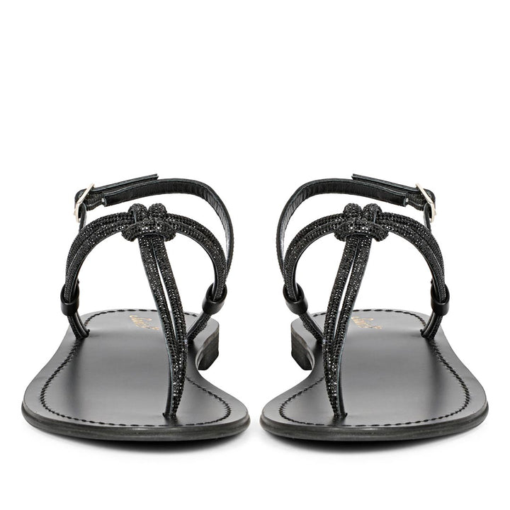 Saint Elsie Crystal Cord Black Leather Flat Sandals