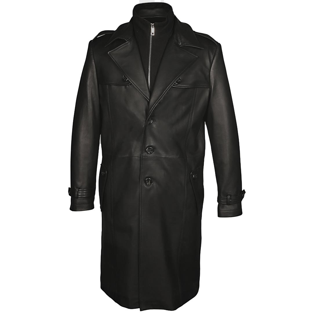 Saint Valente Full-Length Black Leather Trench Coat For Men