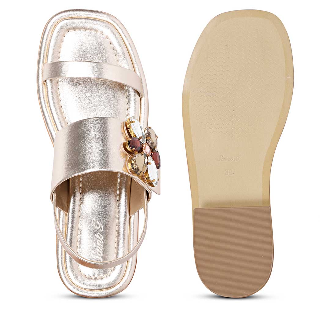 Saint Carona Multi Stone Butterfly Trim Gold Leather Sandals