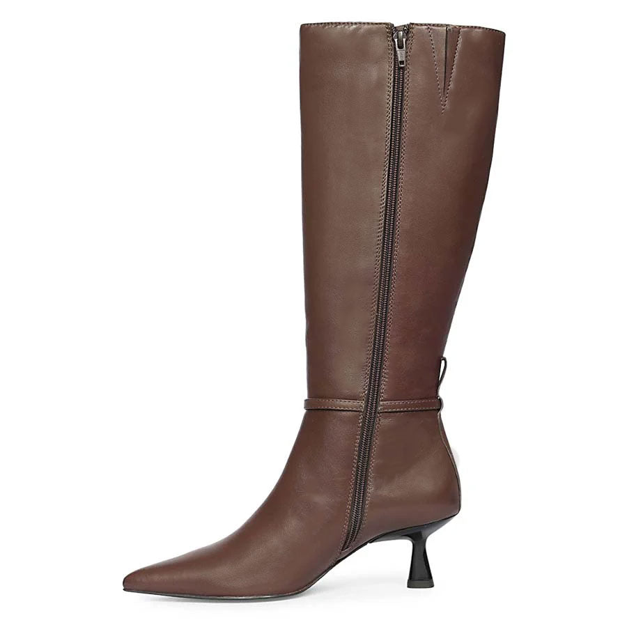 Saint Elara Buckle Embellished Brown Leather Long Boots