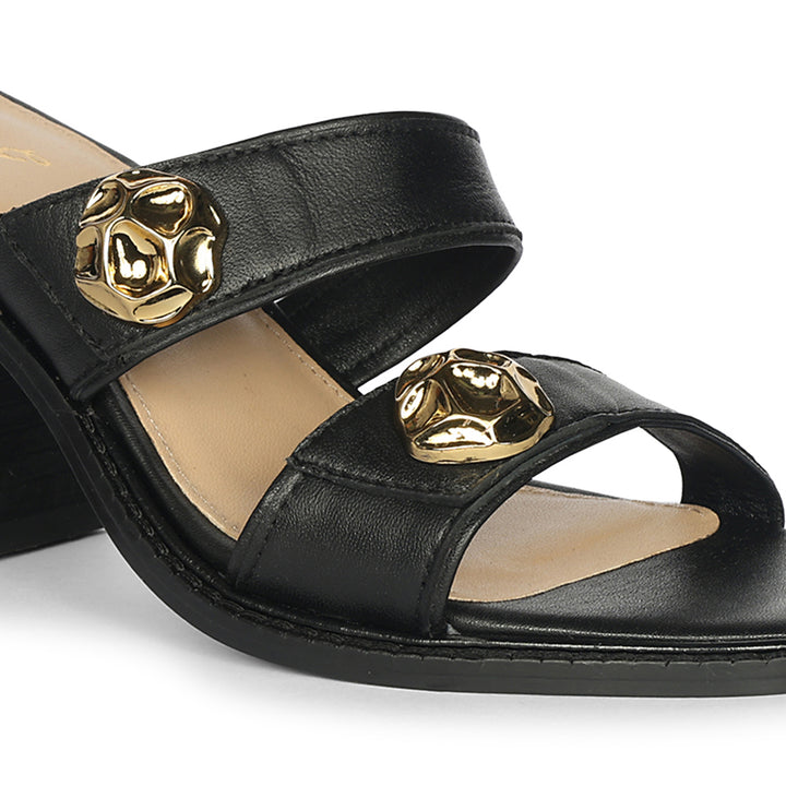 Saint Brisa Gold Emblems Black Leather Heels