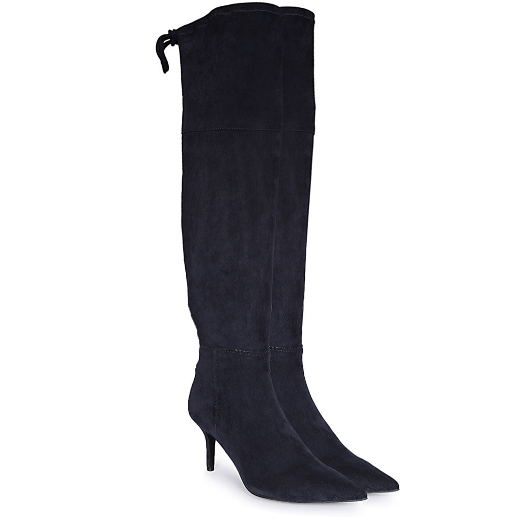 Saint Elodie Navy Stretch Suede Thigh High Boots