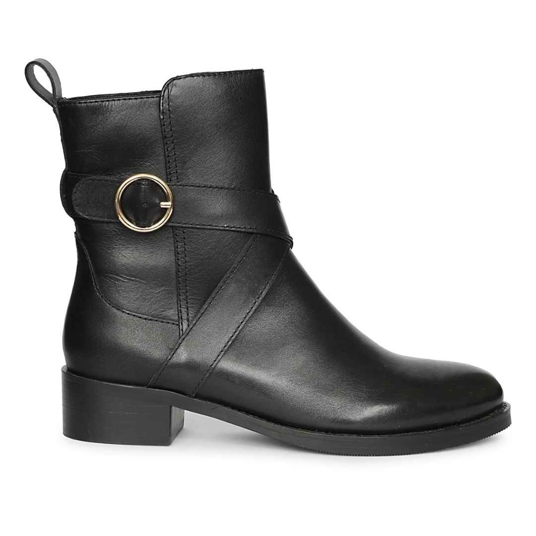 A black leather ankle boot with a low block heel, a pull loop, and a decorative strap across the side featuring a gold-tone circular buckle