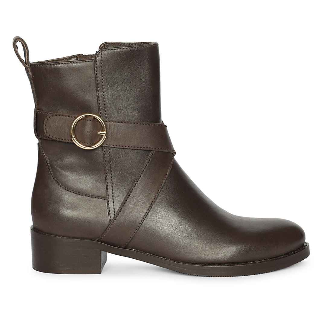 Saint Valentina Gold Buckle Brown Leather Ankle Boots