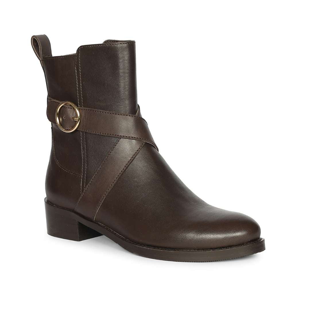 Saint Valentina Gold Buckle Brown Leather Ankle Boots