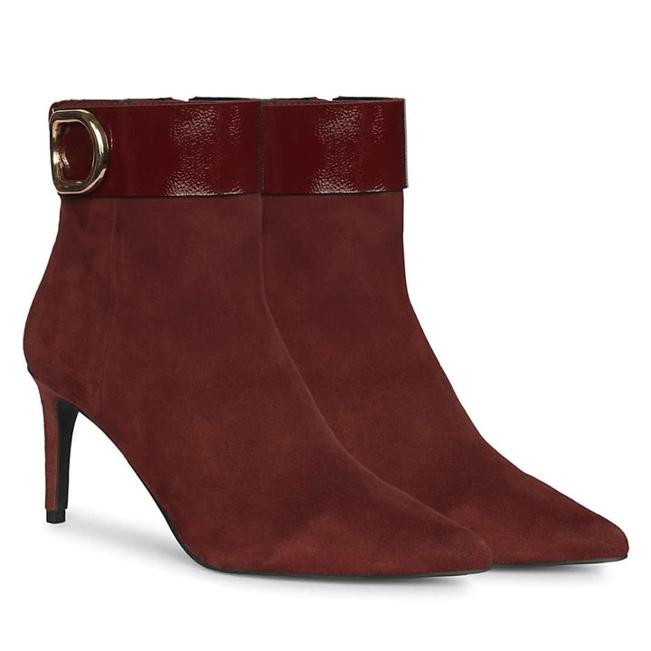 Saint Isabeau Gold Buckle Bordo Suede Stiletto Ankle Boots