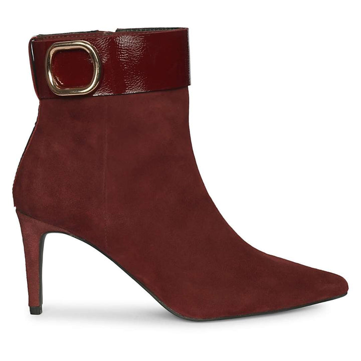 Saint Isabeau Gold Buckle Bordo Suede Stiletto Ankle Boots