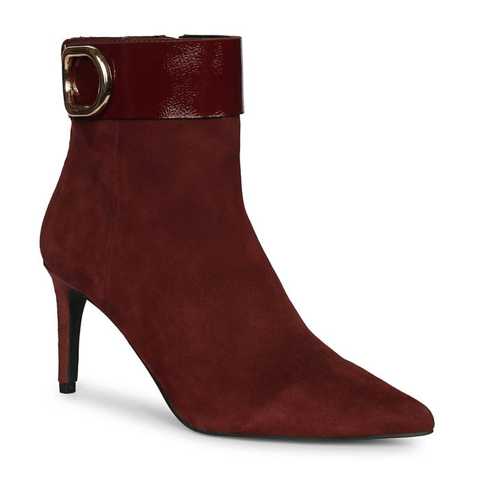 Saint Isabeau Gold Buckle Bordo Suede Stiletto Ankle Boots