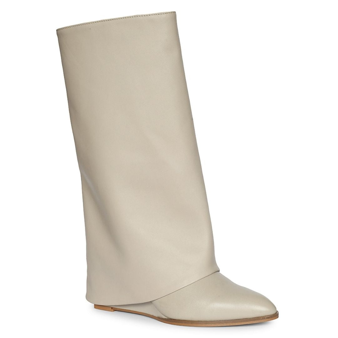 Saint  Harlow Stone Leather Fold-Over Hidden Wedge Long Boots