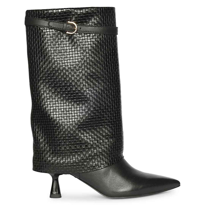 Saint Blaise Black Leather Woven Fold-Over Kitten Long Boots