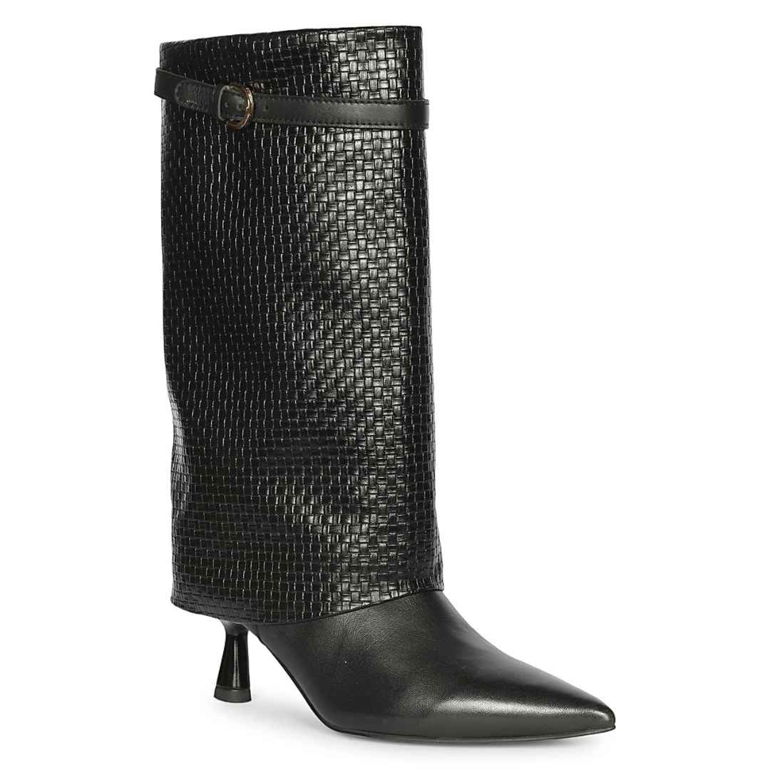 Saint Blaise Black Leather Woven Fold-Over Kitten Long Boots