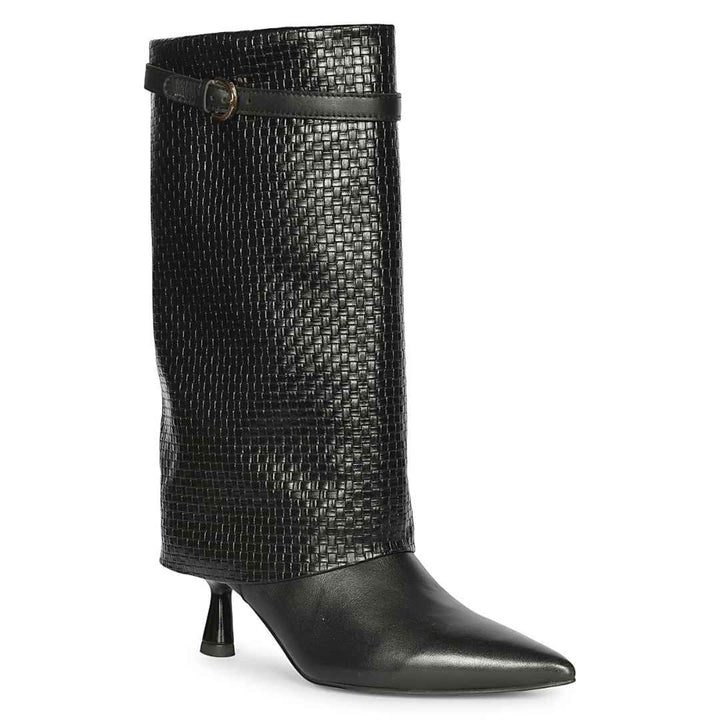 Saint Blaise Black Leather Woven Fold-Over Kitten Long Boots
