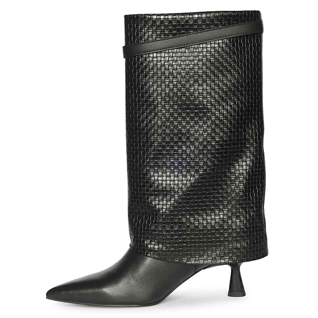 Saint Blaise Black Leather Woven Fold-Over Kitten Long Boots