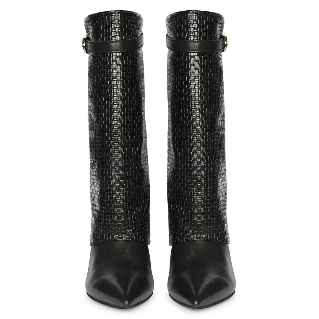 Saint Blaise Black Leather Woven Fold-Over Kitten Long Boots