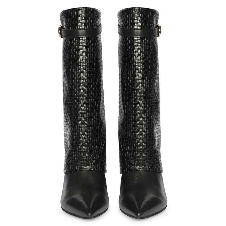 Saint Blaise Black Leather Woven Fold-Over Kitten Long Boots