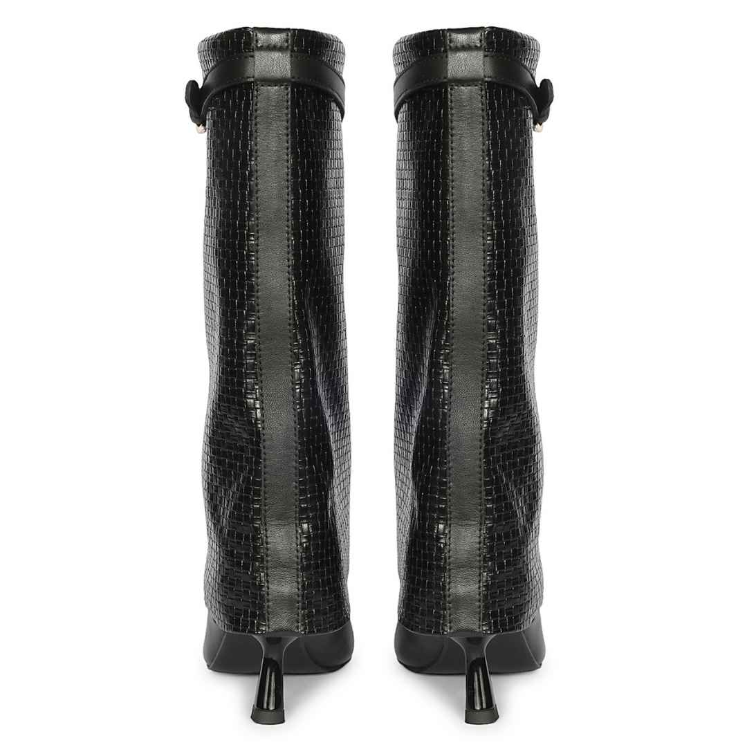 Saint Blaise Black Leather Woven Fold-Over Kitten Long Boots