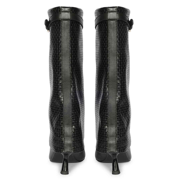 Saint Blaise Black Leather Woven Fold-Over Kitten Long Boots
