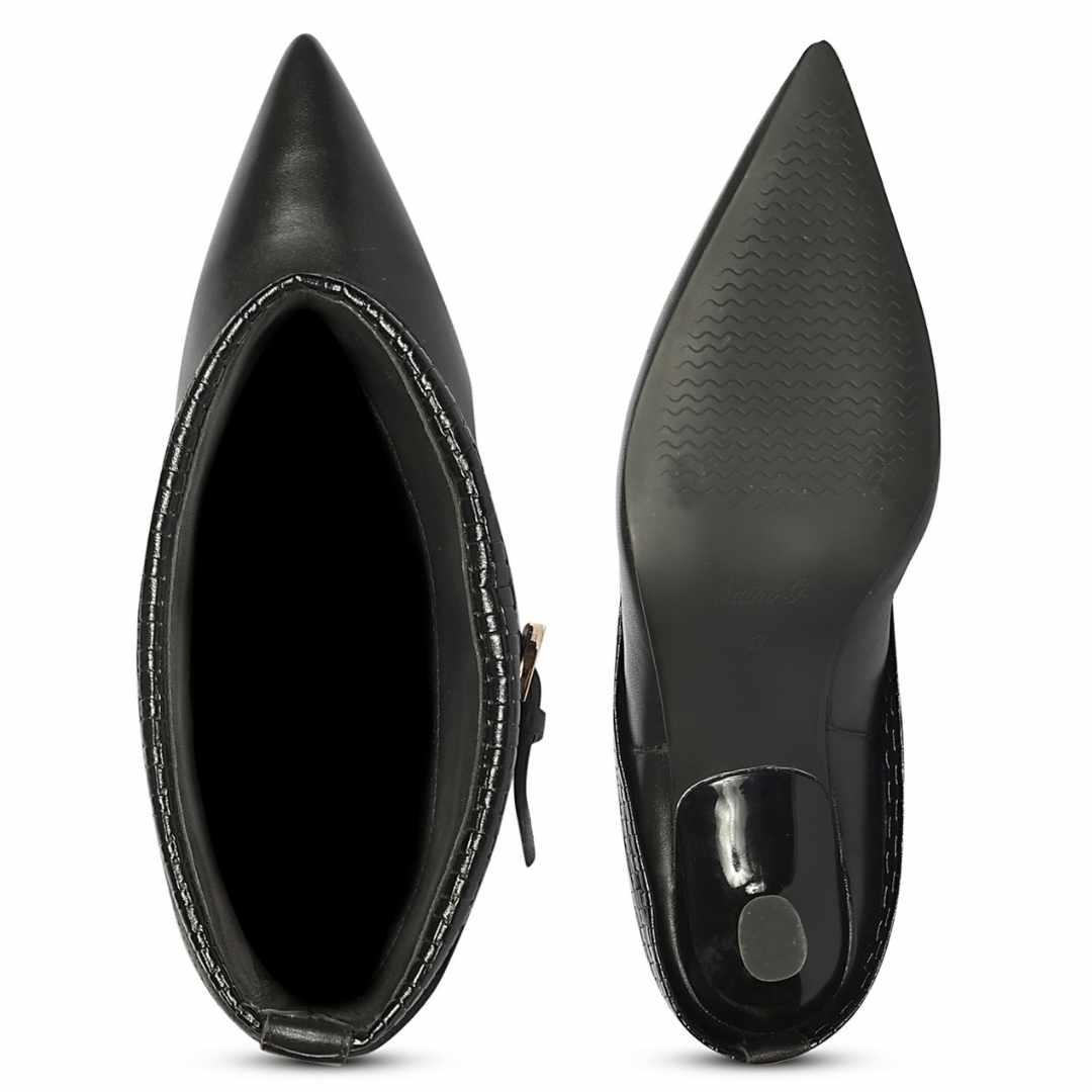 Saint Blaise Black Leather Woven Fold-Over Kitten Long Boots