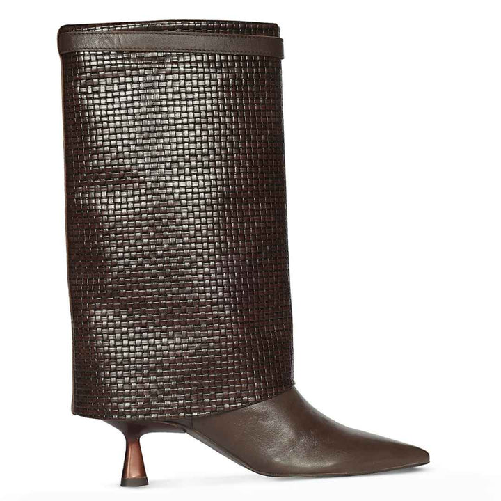 Saint Blaise Brown Leather Woven Fold-Over Kitten Long Boots