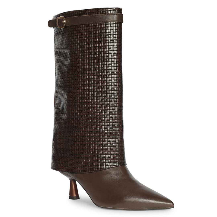 Saint Blaise Brown Leather Woven Fold-Over Kitten Long Boots