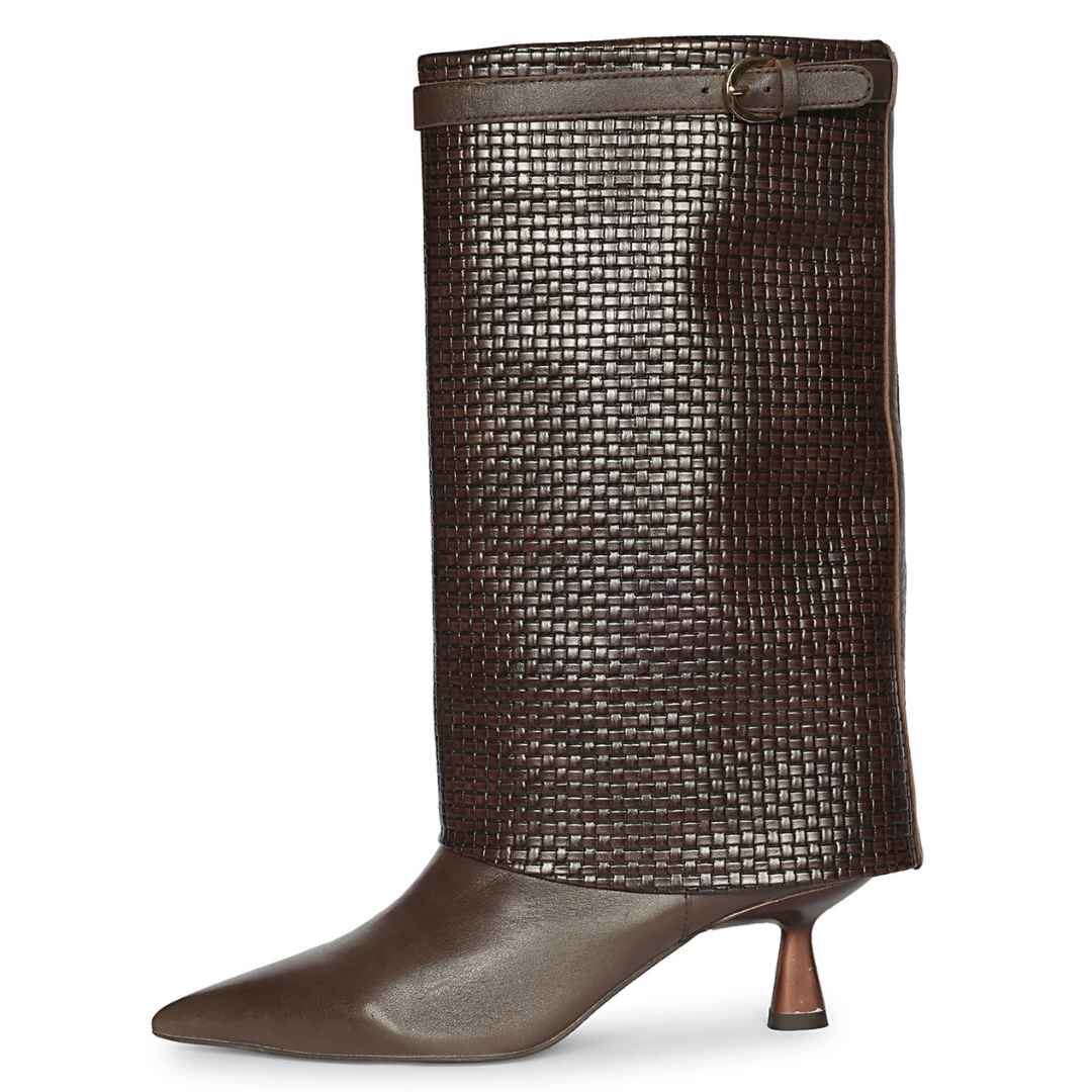 Saint Blaise Brown Leather Woven Fold-Over Kitten Long Boots