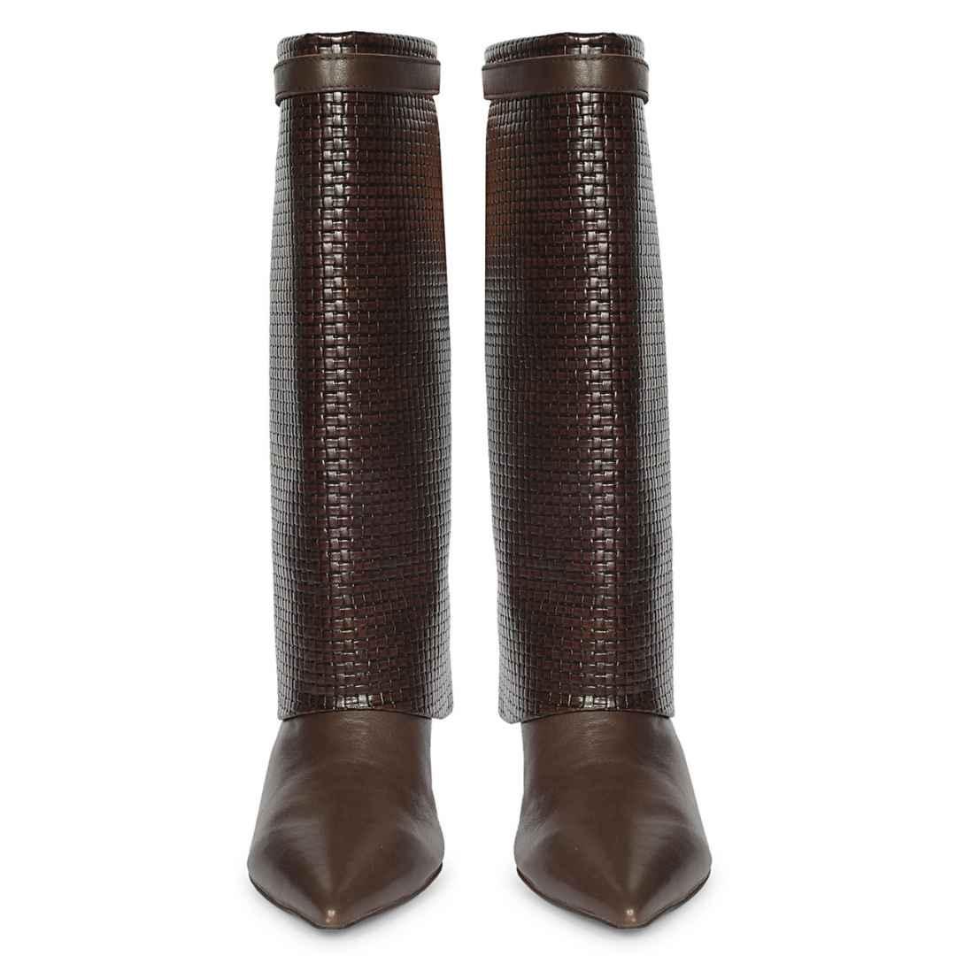 Saint Blaise Brown Leather Woven Fold-Over Kitten Long Boots