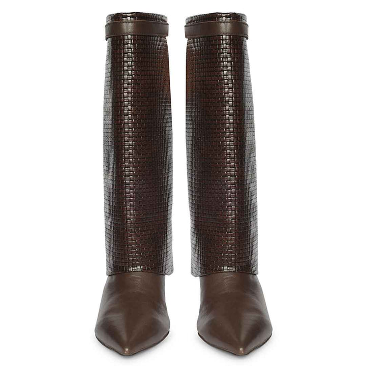 Saint Blaise Brown Leather Woven Fold-Over Kitten Long Boots