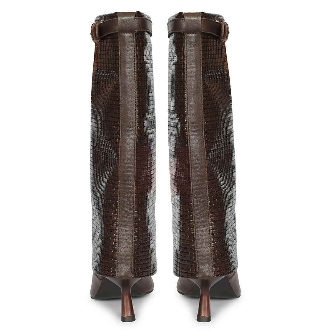 Saint Blaise Brown Leather Woven Fold-Over Kitten Long Boots