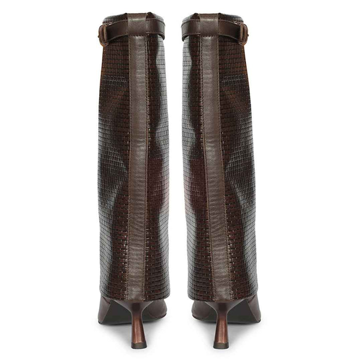 Saint Blaise Brown Leather Woven Fold-Over Kitten Long Boots