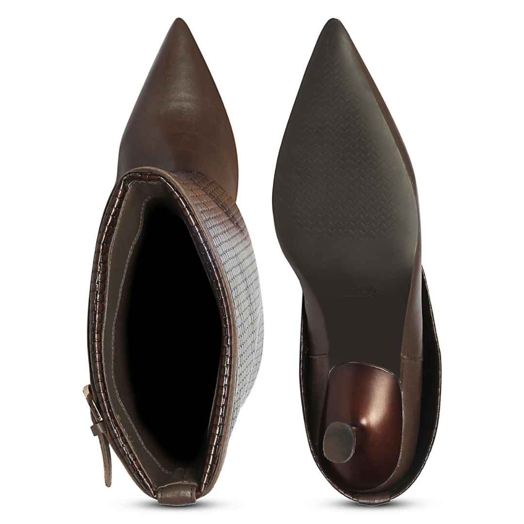 Saint Blaise Brown Leather Woven Fold-Over Kitten Long Boots