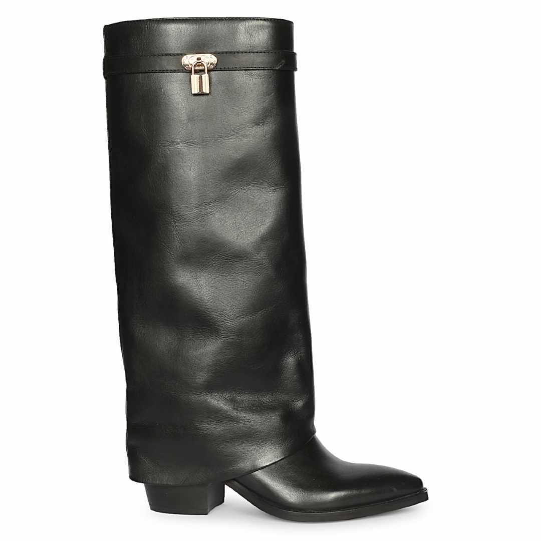 Saint Quinley Black Leather Fold-Over Knee High Boots