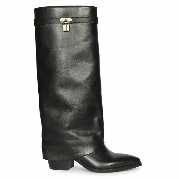 Saint Quinley Black Leather Fold-Over Knee High Boots