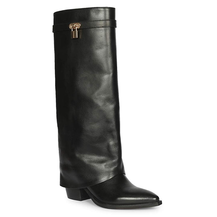 Saint Quinley Black Leather Fold-Over Knee High Boots