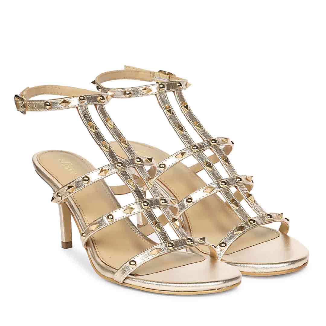 Saint Quenel Metallic Gold Leather Studded Stilettos