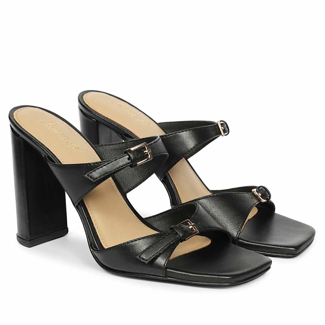 Saint Mallory Buckle Black Leather Heels