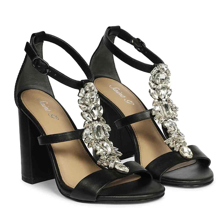 Saint Colleen Silver Stone Metallic Black Leather Block Heels