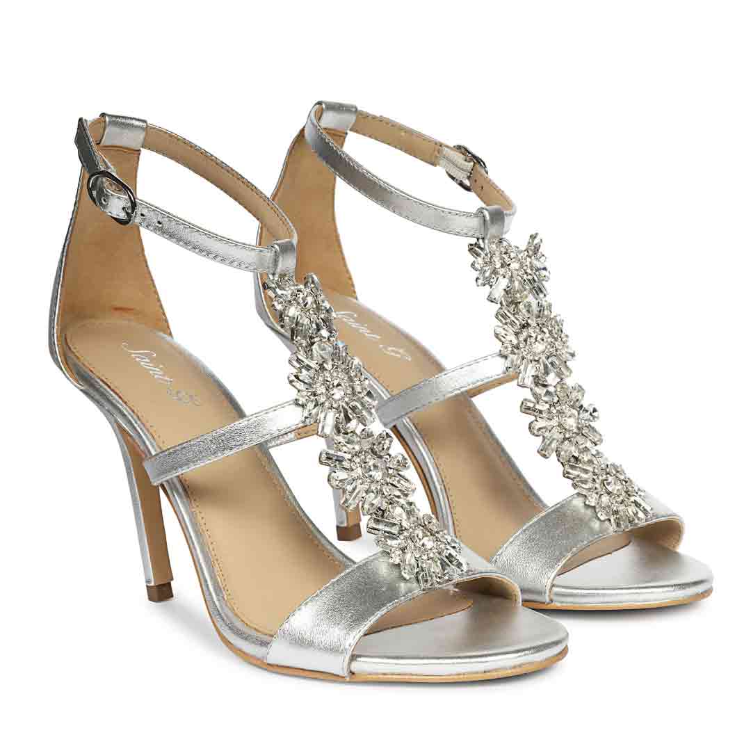 Saint Sydney Crystal Stone Metallic Silver Leather Stilettos