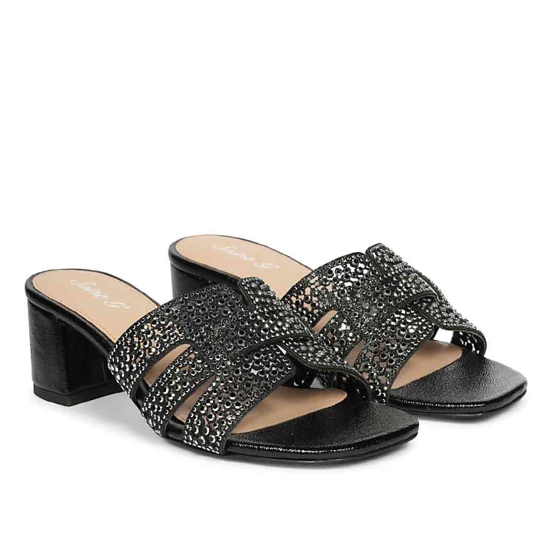 Saint Stevie Crystal Black Leather Block Heels