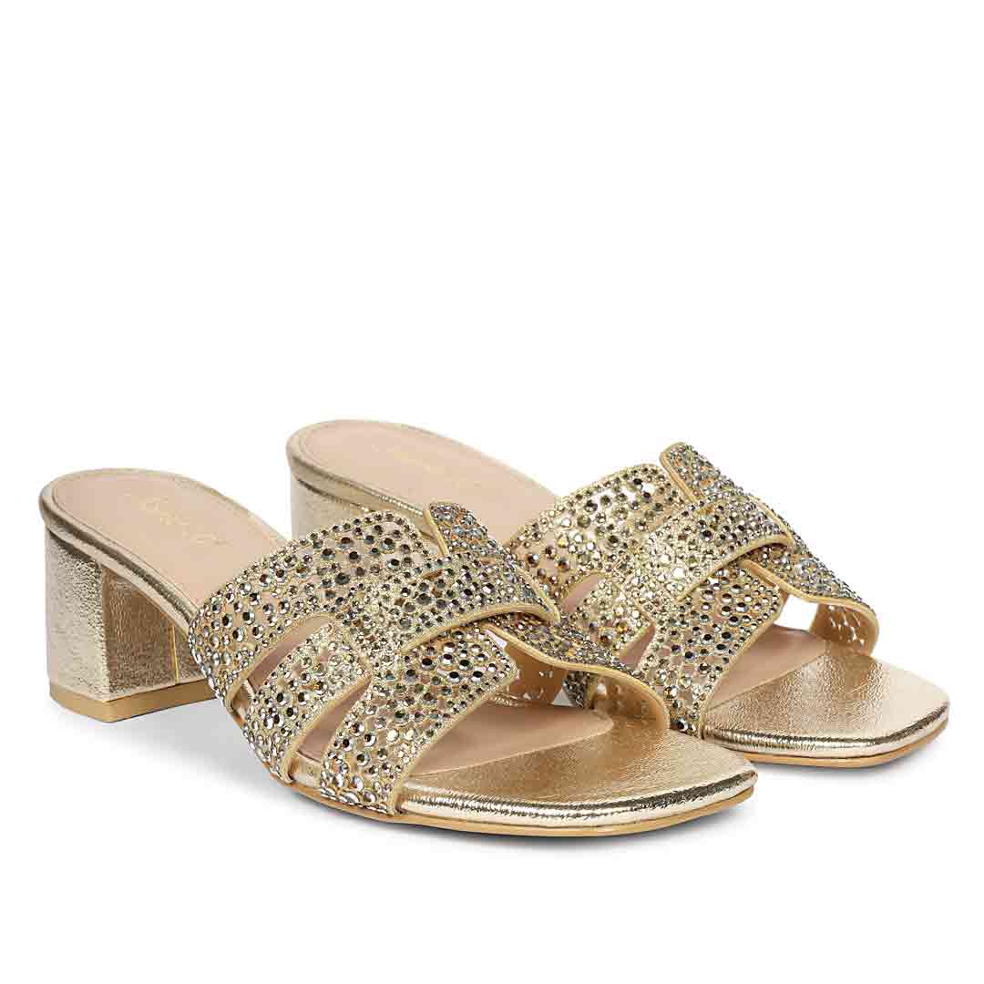 Saint Stevie Crystal Gold Leather Block Heels