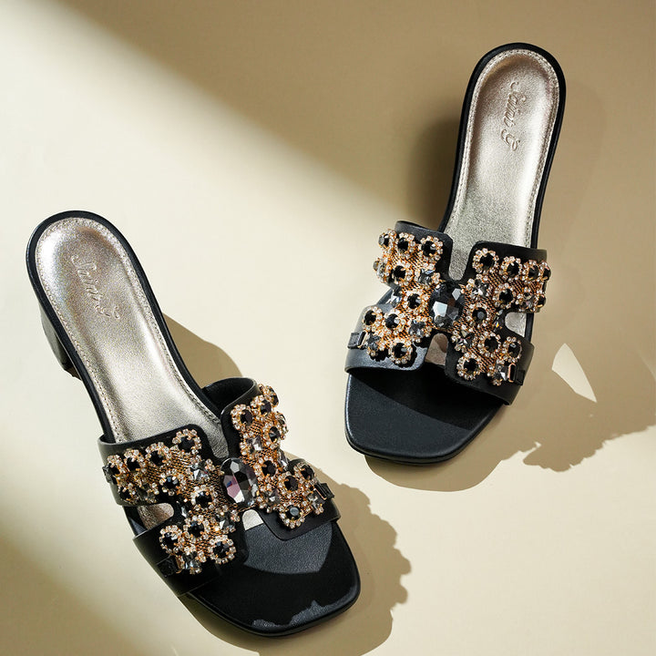 Saint Fiorenza Stone Embroidered Black Leather Block Heels