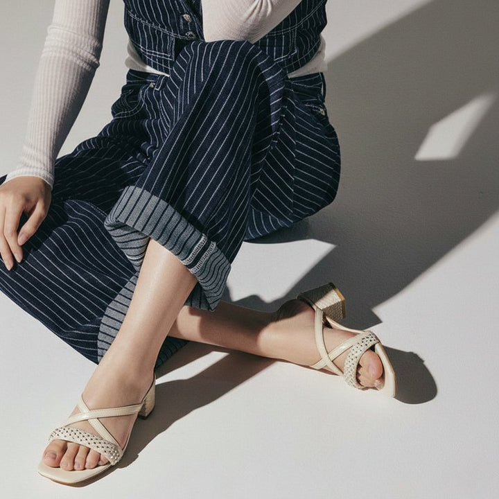 Saint Alessia Embellished Off-White Vegan Leather Block Heels