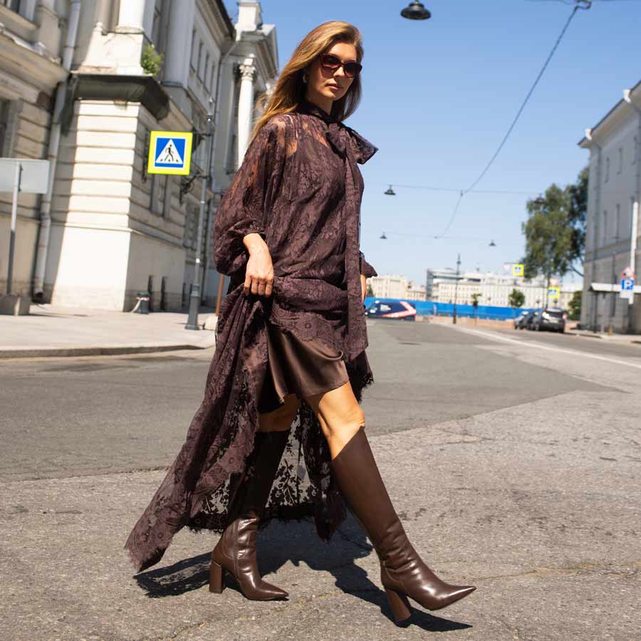 Saint Celia Brown Leather Block Heel Long Boots