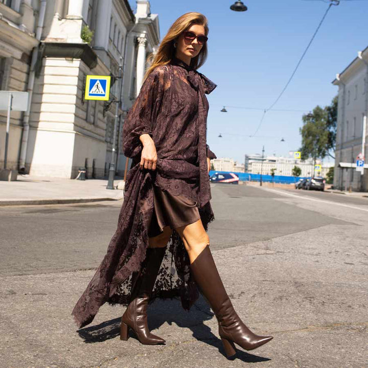 Saint Celia Brown Leather Block Heel Long Boots